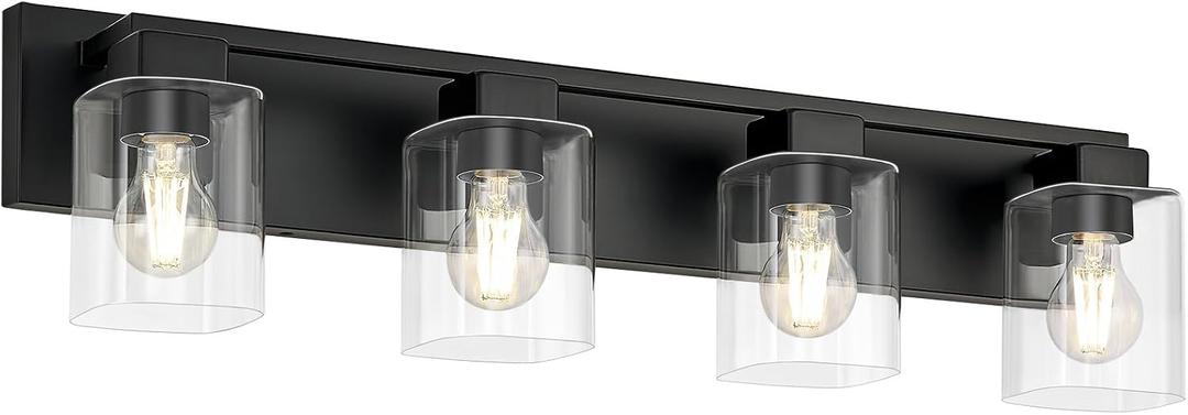 4-Light Matte Black Bathroom Light Fixtures, with Clear Glass Shade