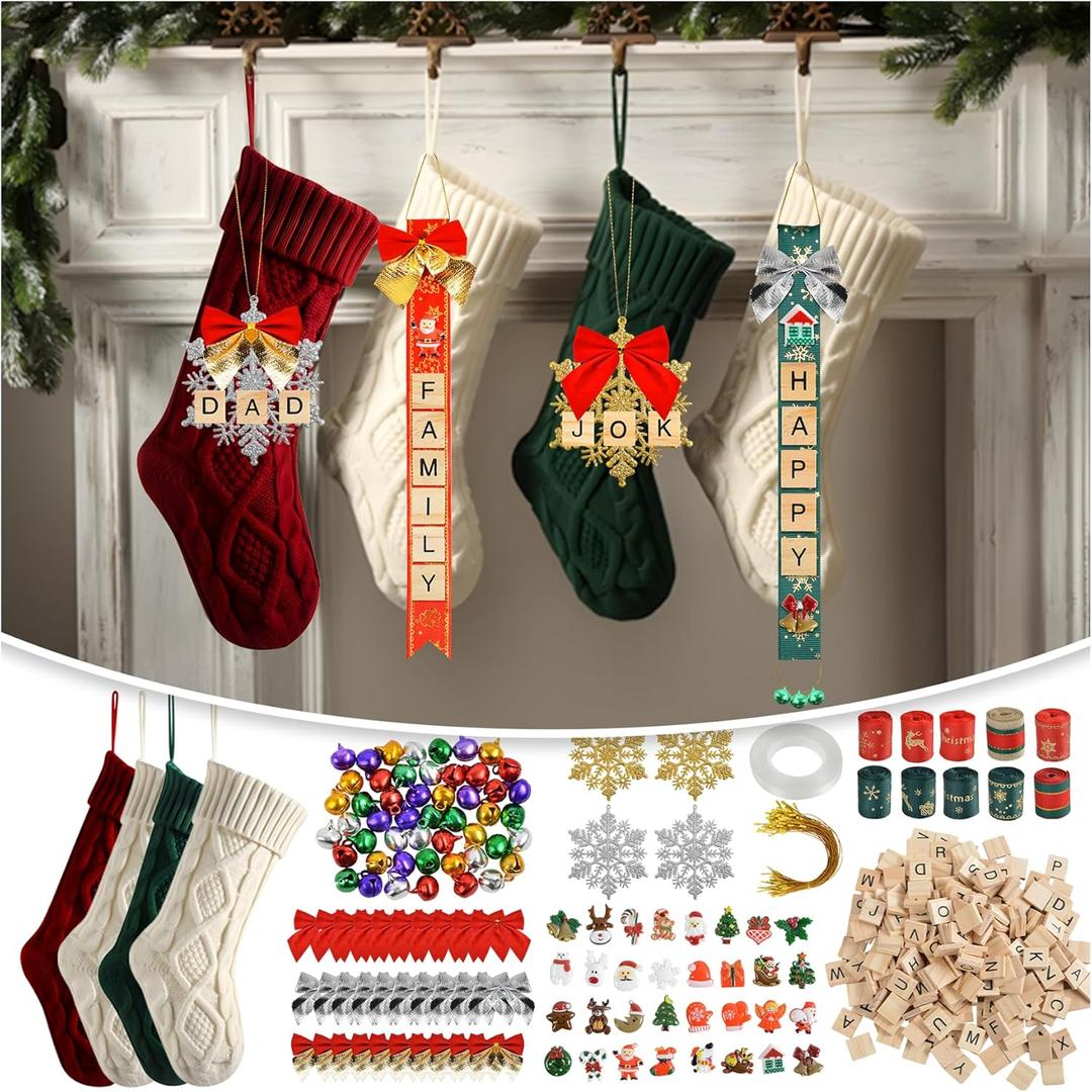 QIDSJCCBD 491 Pcs Christmas Ornament Kits for Adults, Includes 4 Christmas Stocking, Bows, Ribbons, Bells & More, Christmas Crafts for Adults to Make Your Own Unique Christmas Ornaments & Decorations