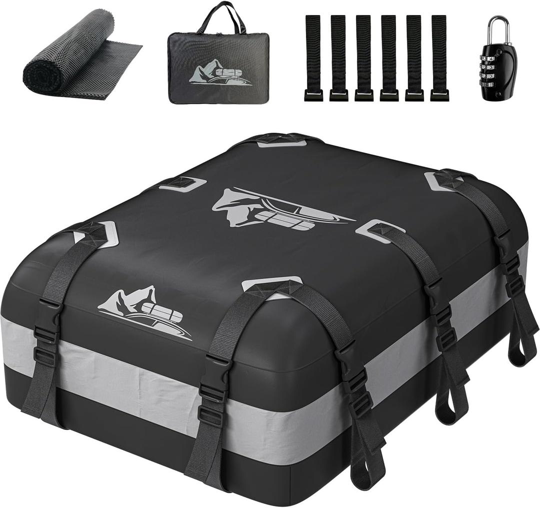 Car Rooftop Cargo Carrier Bag 20 Cubic Feet, 100% Waterproof Heavy Duty Car Roof Bag for All Vehicle with/Without Racks - Anti-Slip Mat, 6 Door Hooks, Storage Bags, 5CM Straps(Gray)