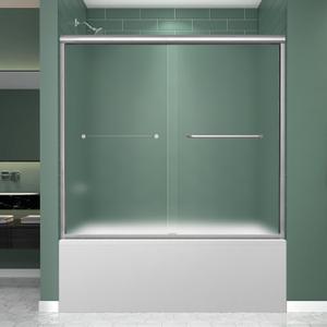 Frosted Tub Double Sliding Shower Door 55-60" W x 58" H, Brushed Nickel, Bathtub Door, Framed, 1/4" (6mm) Tempered Glass