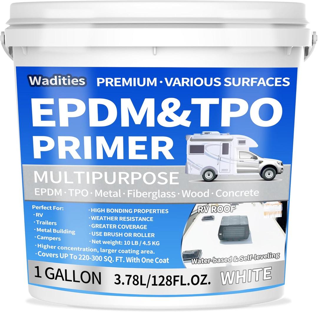 EPDM and TPO Primer White, Multi-Purpose RV Roof Primer, Use on Rubber, Wood, Fiberglass, Concrete, Metal, High-Performance Basecoat for RV, Camper and Trailer Roof Protection - 1 Gallon