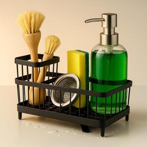 Cisily Black Kitchen Sponge & Brush Holder Sleek Sink Caddy Organizer