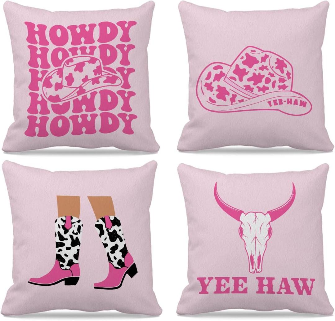 Hot Pink Preppy Western Pillow Covers 18x18 Set of 4, Preppy Pillows, Howdy Pillow, Cowgirl Room Decor, Western Room Decor for Teen Girls, Pink Cowgirl Decor, Preppy Decorative Pillows
