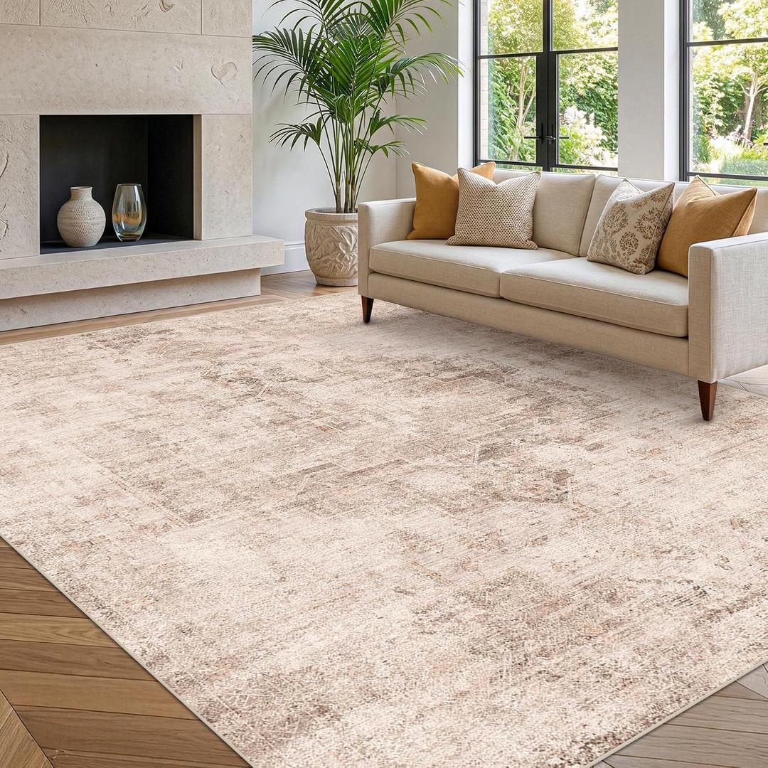 Hazo Haus Farmhouse Area Rugs for Living Room - 7x10 Washable Modern Abstract Rug for Bedroom, Dining Room Under Table, Home Office, Soft Washable & Stain Resistance (Beige & Brown & Peach)