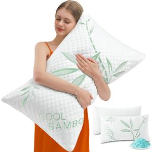 Cooling Pillows, Shredded Memory Foam Pillows Standard Size Set of 2 Adjustable Firm Bamboo Bed Pillows for Hot, Side, Back and Stomach Sleepers