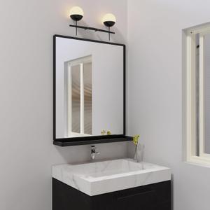 ANYHI Bathroom Mirrors for Wall, Metal Wall Mirror with Shelf, Perfect for Living Room, Bedroom, Entryway, Rectangular, Vertical (Black) (24"L x 20"W)