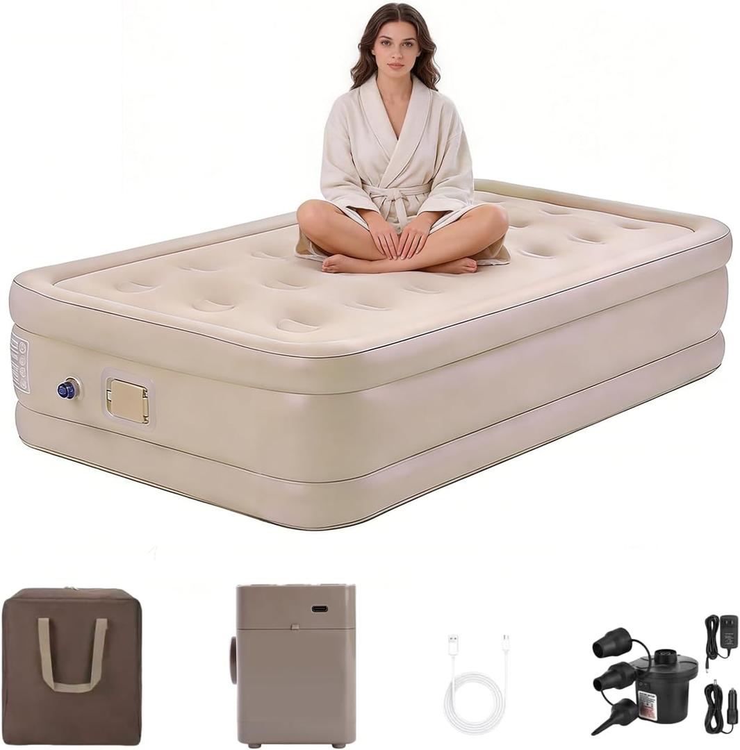 Twin Air Mattress with 4000mAh Battery Powered Pump, 16'' Raised Inflatable Mattress, Portable Blow up Mattress, Air Bed for Camping, Home and Guest, Queen