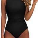 SUUKSESS Women Sexy One Piece Tummy Control Swimsuit Ruched High Neck Slimming Swimwear 2025 Low Back Bathing Suit(Black, X-Large)