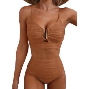 Herseas 2 Piece Bikini Set U-Wire Cutout Popular Swimsuit High Waisted Textured 2026 Summer Beach Swim Bathing Suits (Brown, M)