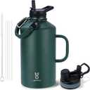 Insulated Water Bottle 128 oz with 2-in-1 Straw Lids & Handle,1 Gallon Water Bottle Flask Jug with Paracord Handle Leak Proof Large Big Water Bottle for Hiking,Sports,Camping,Long Drive,Fishing (Dark Green)