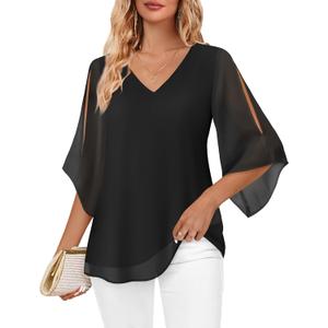 Bebonnie Womens Ruffle 3/4 Sleeve V Neck Double Layers Chiffon Blouses Dressy Tunic Tops (Black, XL)