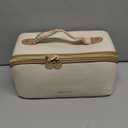 Prite Makeup Bag for Women Travel Waterproof Vegan Leather Cosmetic Bag Open Flat Toiletry Bag With Clear Divider and Handle (Beige)