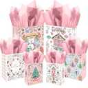 qiqee 10PCS Christmas White Gift Bags with Pink Polar Bear Design(2PCS Large 5.5"x10.2"x13", 4PCS Medium 4.3"x 7.7"x 9.6", 4PCS Small 2.4"x 4.7"x 6.3", 30PCS Tissue Paper included)