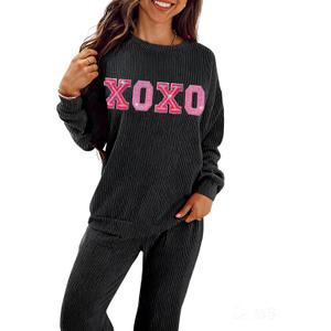 SELINK Christmas Pajamas for Women JOLLY Corded Long Sleeve Top and Pants Matching Lounge Set with Pockets (Black,Medium)