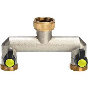 Garden hose distributor, 2-way water distributor made of brass with 2 leak-free ball valves, 3/4 inch internal thread on 2-way for adjusting and shutting off the water flow