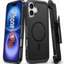FNTCASE for iPhone 16 Plus Case: Magnetic Dual Layer Shockproof Protective Cell Phone Cover with Belt-Clip Holster | Heavy Duty Military Grade Drop Protection Non Slip Textured Phonecase (Black)