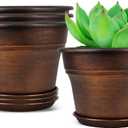 Plant Planters Pots Set of 4 Pack 8 Inch, Plastic Flower Pot For Indoor Plants With Drainage Holes & Trays, Resin Decorative Container Sets With Saucer For House Outdoor Garden Planters Copper