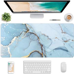 Extended Gaming Mouse Pad, XXL Large Desk Pad 30 x 14 Inch, Big Computer Keyboard Mousepad, Waterproof Mouse Mat with Stitched Edges and Non-Slip Base for Women Office Gaming, Blue Marble