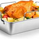 Roasting Pan, 14*10 Inch Stainless Steel Turkey Roaster with Rack - Deep Broiling Pan & V-shaped Rack & Flat Rack, Non-toxic & Heavy Duty, Great for Thanksgiving Christmas Roast Chicken Meat Lasagna