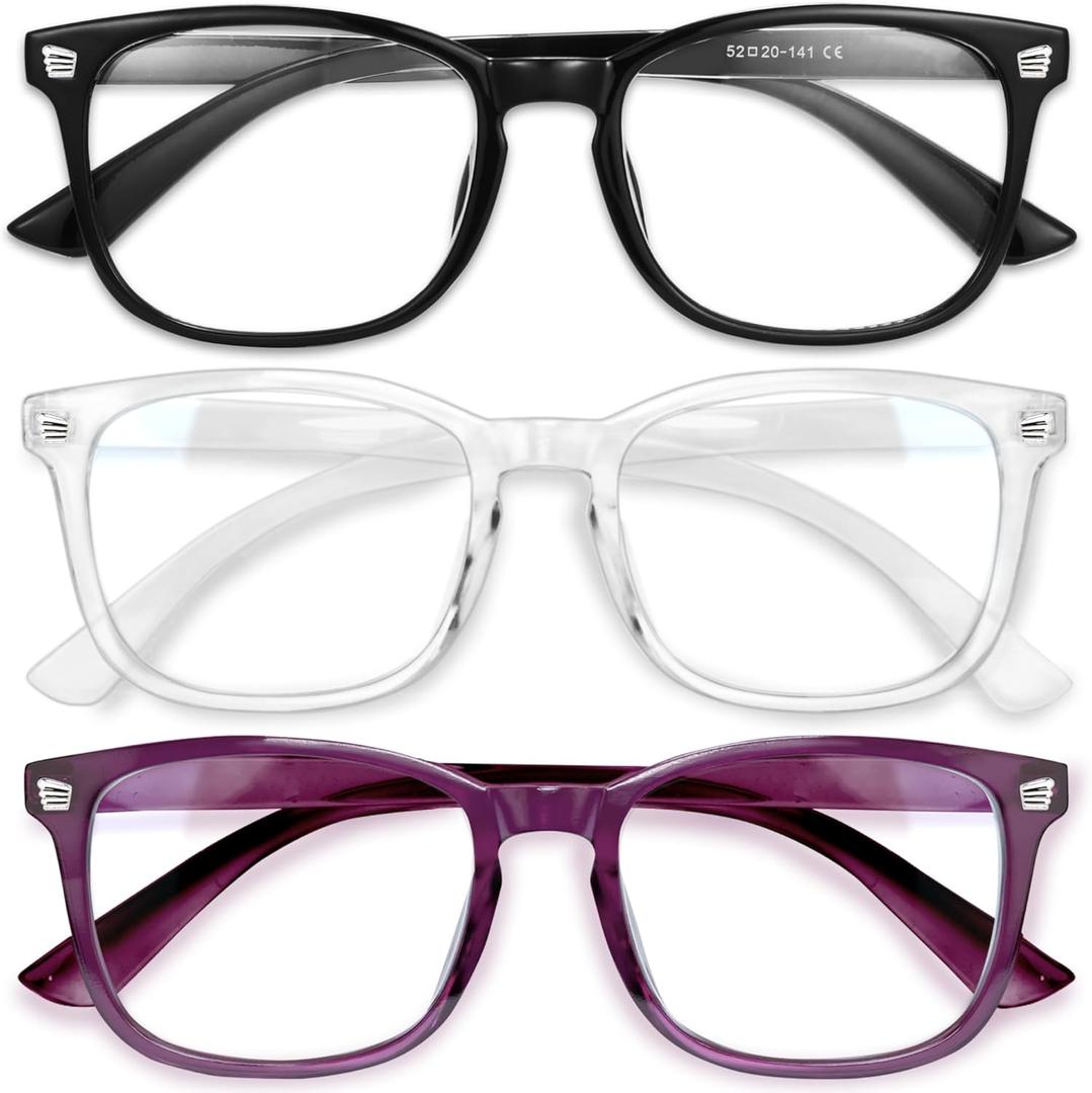 Gaoye Stylish Blue Light Glasses for Woman - Computer Glasses for Blue Light Blocking - Lightweight Frames - 3 pack (B9-black + Transparent + Violet Indigo)
