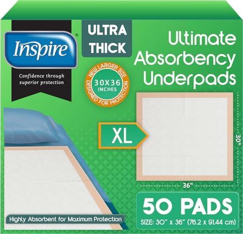 Inspire Extra Large Super Absorbent Disposable Bed Pads for Chronic Incontinence Ultra Thick and Absorbent Bed Pads Disposable Adult | Pee Pads for Adults (30" X 36" Pack of 50)