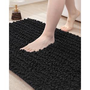 DEXI Bath Mat Bathroom Rug Non Slip Absorbent and Soft Floor Mats Washable Chenille for Bathtub Toilet Shower Room Entryway, 16"x24"Black