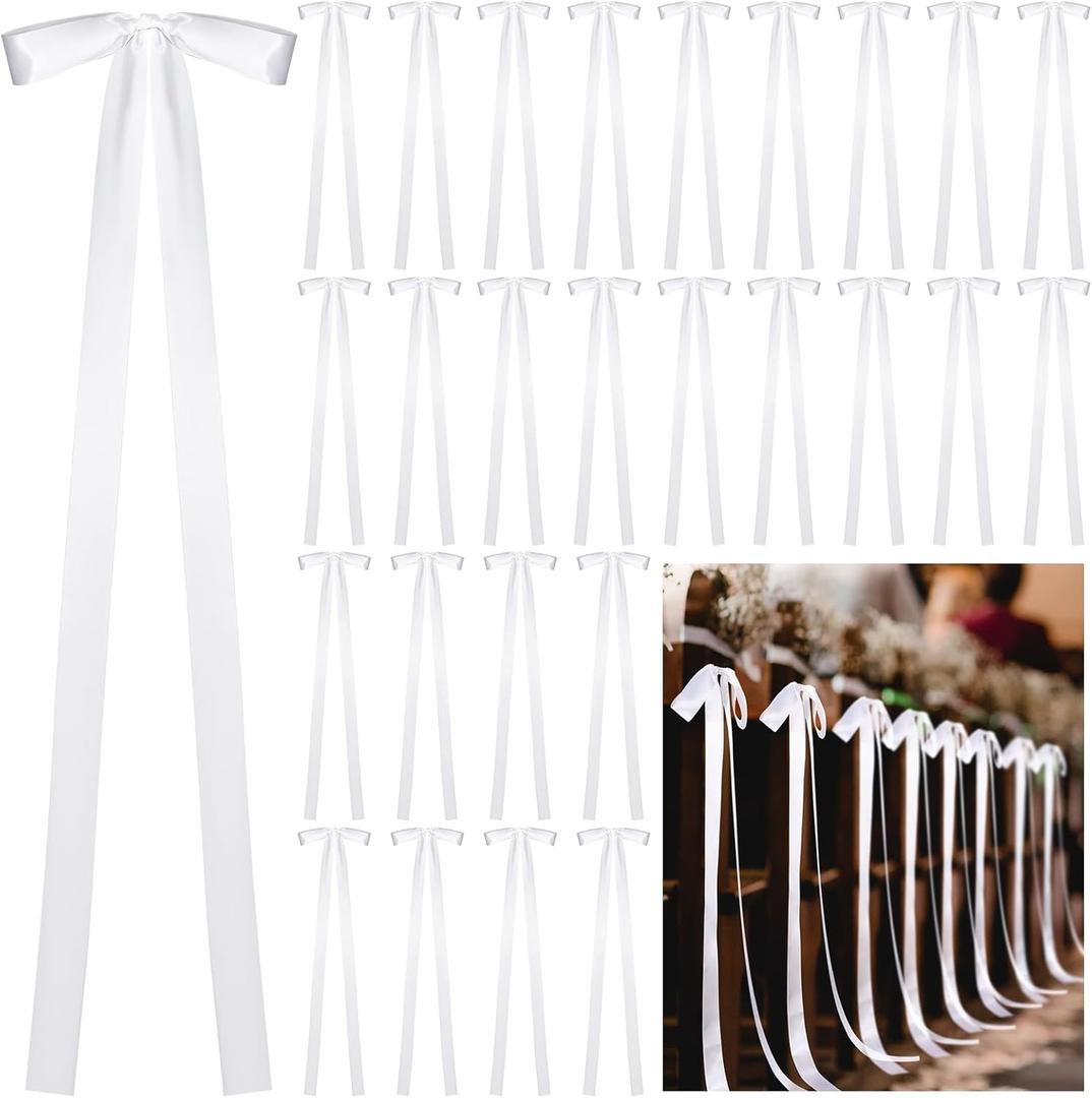 24 Pcs Large Wedding Ribbon Bows with Long Tails 10 x 36 Inch Wedding Aisle Decor Bows Ribbon Bows On Wedding Chairs Wedding Background Decor for Bridal Shower Reception Wedding Ceremony