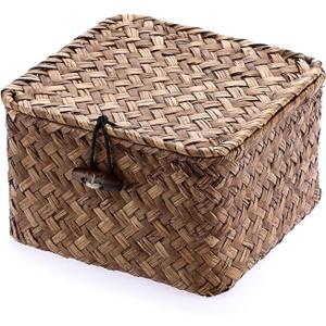 Hipiwe Seagrass Basket with Lid Wicker Storage Basket Square Handwoven Decorative Baskets Box for Shelf Multipurpose Household Baskets Home Decor,X-small (Coffee)