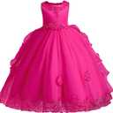 Flower Girls Dresses for Wedding Vintage Floral Lace Princess Long Dress Kids Beaded Embroidered Floral Bridesmaid Pageant Dress Puffy Evening Prom Formal Dance Party Maxi Gown Hot Pink 4-5 Years