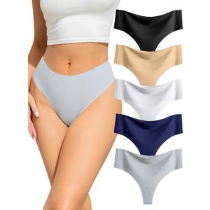 voenxe Seamless Women Underwear Thongs,High Waisted Ladies No Show Panties Line,Invisible Comfy Workout Undies,Soft,5-Pack (Medium, Basics)