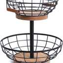 2 Tier Fruit Basket with Banana Hanger, Metal Fruit Bowl Stand with Wooden Base, Kitchen Counter Fruit Organizer for Vegetables, Bread, Snacks Storage Basket