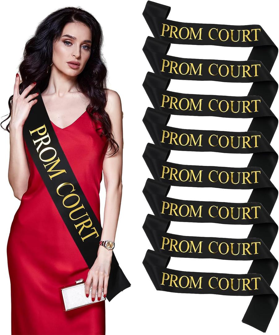 Lyrow 8 Pcs Graduation Prom Sashes, Grad Satin Sashes with Gold Print, School Dance Graduation Party Accessories for Prom King and Queen(Black,Court)