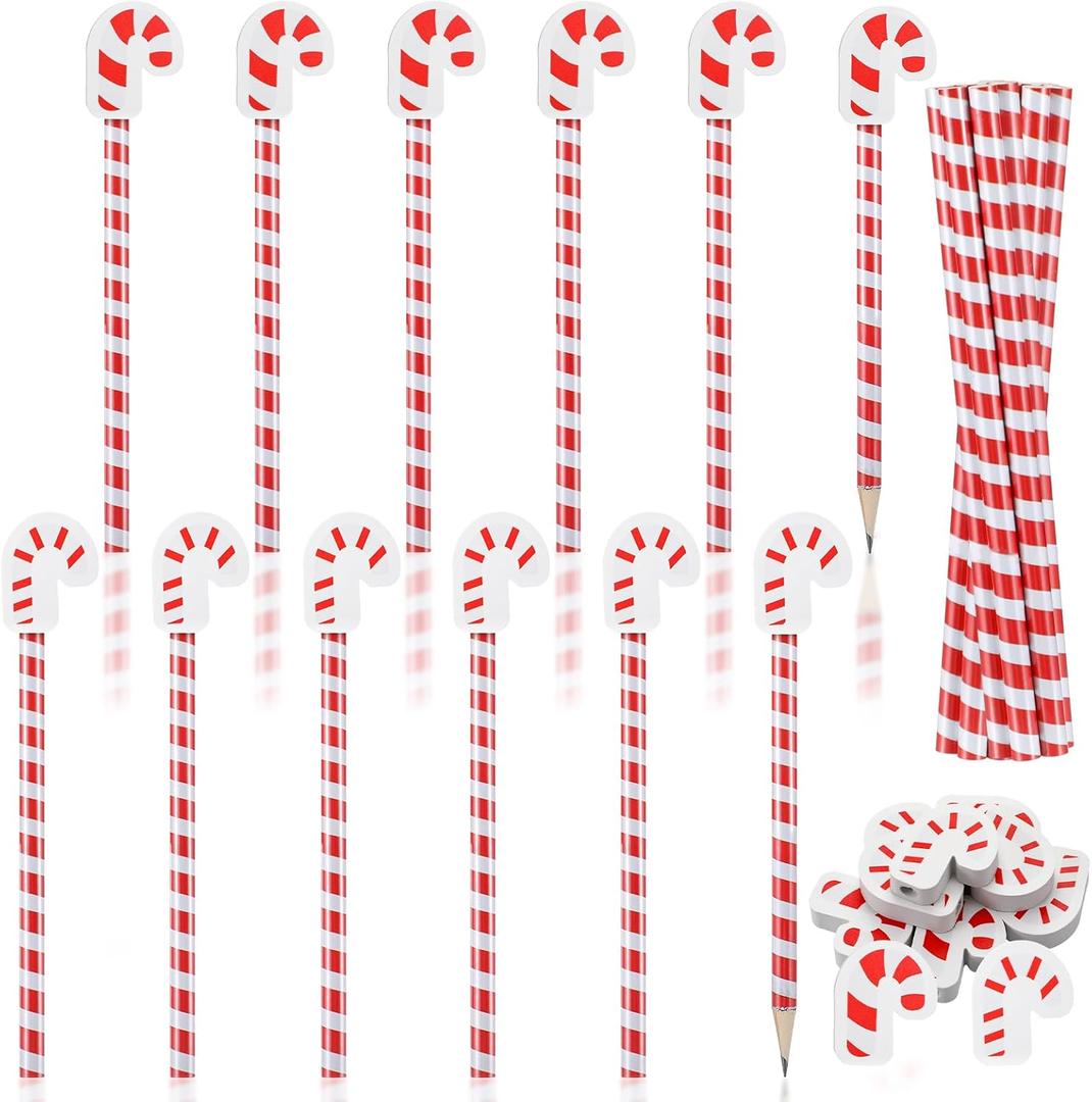Humyoun 32 Pcs Candy Cane Pencils with Erasers, 16 Christmas Candy Cane Pencils Bulk 16 Erasers Winter Christmas Stationery Supplies for Classrooms Exchange Reward Prizes Home Office School Supplies