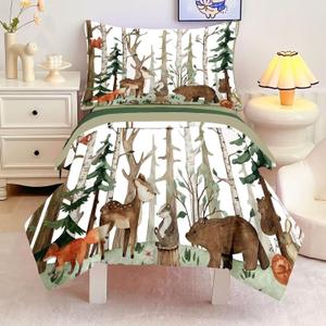 4 Pieces Woodland Animal Toddler Bedding Set, Forest Deer Bear Fox Bed Comforter Set for Boys Girls, Cute Toddler Bed Set Includes Comforter, Flat Sheet, Fitted Sheet and Pillowcase