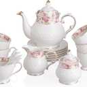 Sweejar 21 Pieces Porcelain Tea Set, Vintage Floral Gold Trimmed Teapot Cup and Saucer Set, Tea Cup for Loose Tea, Sugar Bowl and Creamer Pitcher with Spoons, Service for 6(Retro Flower)