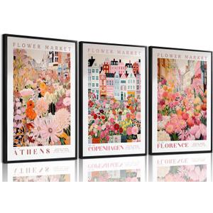 XLARTMY Flower Market Wall Art Prints Canvas Pink Floral Paintings Colorful Botanical Sunflower Artwork Travel Posters for Home Decor Pictures Set of 3 for Living Room Bedroom 12x16in Unframed (12x16in Poster, Flower Market-1)