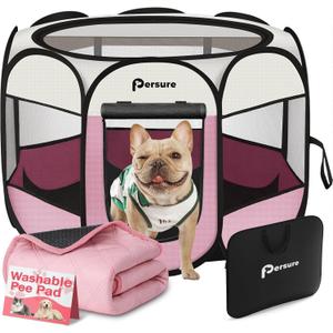 Dog Cat Playpen Indoor Outdoor for Puppy Pet Dogs Cat Recovery After Surgery, Dog Tent Crates Cage Indoor/Outdoor, Portable Pop Up Kennel with Carrying Case for Travel (Pink with Pad, Medium)