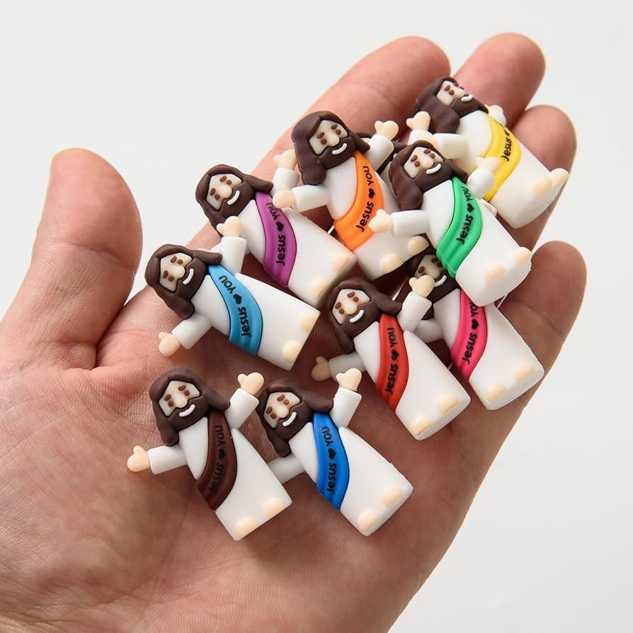 60 Pcs Mini Jesus Figures Tiny Jesus Loves You Figurine Miniature Religious Christ Savior Doll for Sunday Easter Egg Stuffers Gift (60, Multicolor&Blue)