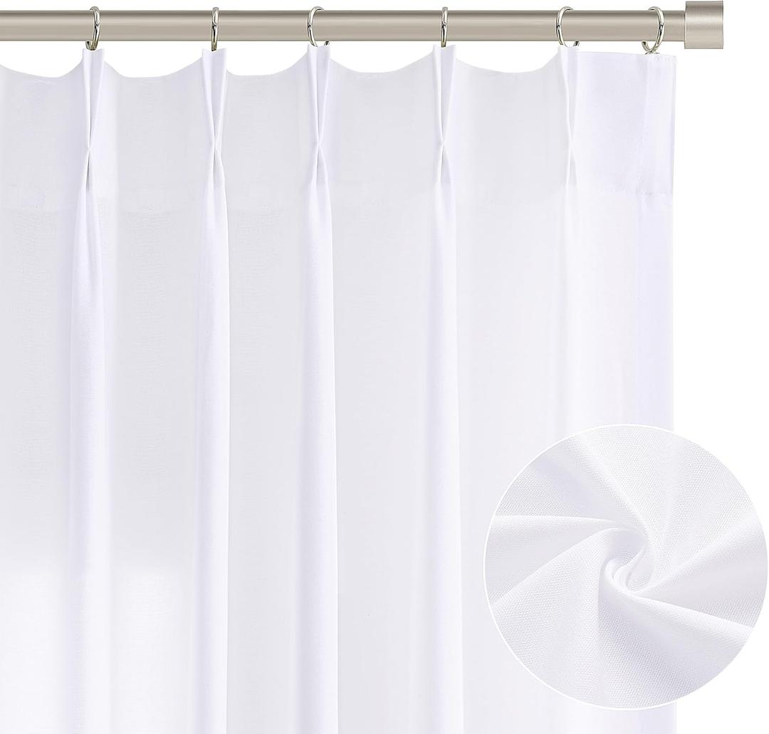 White Pinch Pleated Semi Sheer Curtains 108 Inches Long for Bedroom Living Room Modern Farmhouse Neutral Decor Back Tab Privacy Boho Semi Sheer White Linen Textured Curtain 2 Panels 108 Length (50"W x 108"L (Pack of 2))