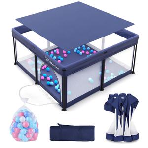 Foldable Baby Playpen for Babies and Toddlers, 50x50 Inch Portable Play Yard, Collapsible Play Pen with Mat, Visible Mesh, 50 Ocean Balls, Indoor/Outdoor Baby Fence Activity Center for Home (Blue)