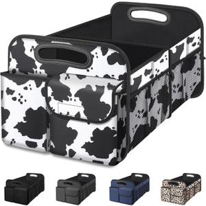 Femuar Car Trunk Organizer, Cow Print, Vintage Style, 52L Capacity, 4 Compartments, Waterproof, Non-Slip, Collapsible, 22.5"D x 18"W x 10.8"H