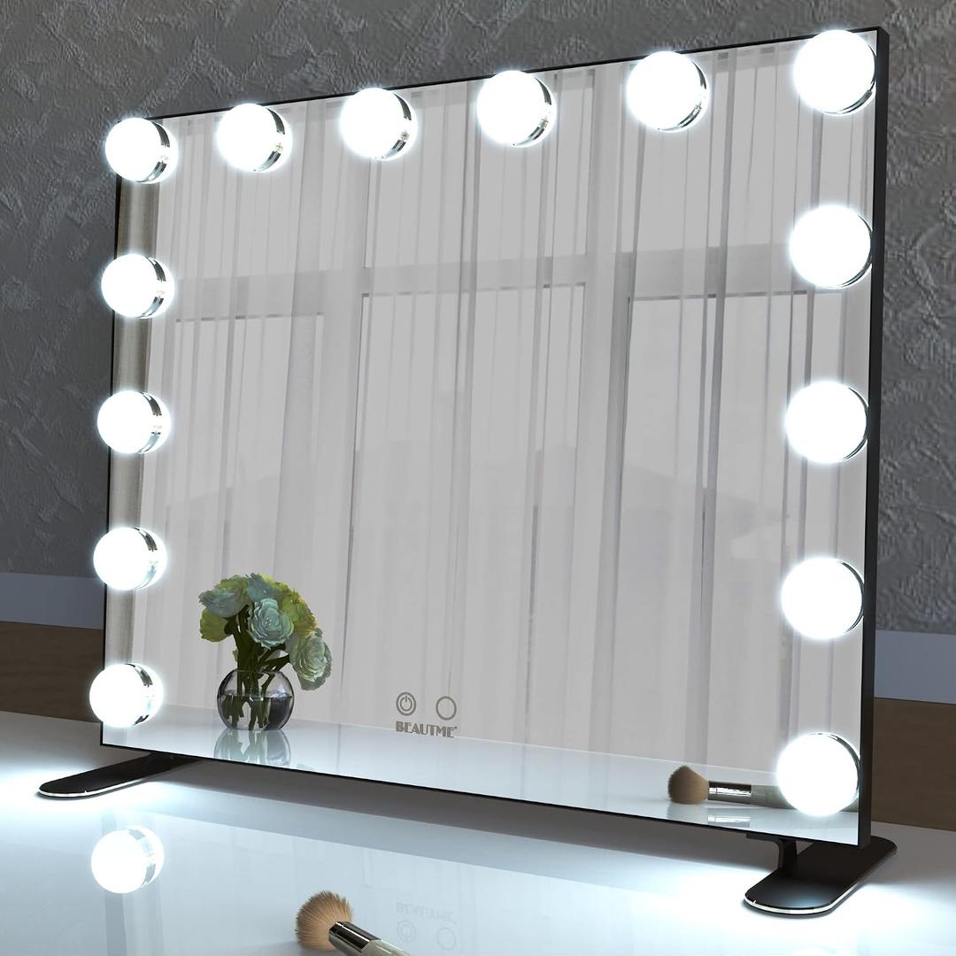 BEAUTME Vanity Mirror with Lights, Lighted Makeup Mirror with 14 Dimmer Bulbs, 2 Color Lighting Mode, Touch Control, Tabletop or Wall Mounted for Bedroom,Dressing Room,Black 23.6" X 20"