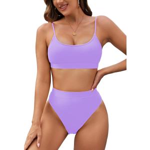 Pink Queen Plus Size High Waisted Bikini Set for Women Two Piece Cheeky High Cut Swimsuit Bathing Suit White M (01 - Light Purple)