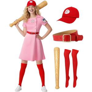 Women Baseball Dress League Costume with Cap Socks Belt Inflatable Baseball Bat Halloween Cosplay Uniform Set (Medium)