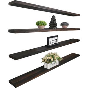 YYWUOJJ Wood Floating Shelves for Wall Decor, Rustic Wall Shelves for Bedroom Bathroom Kitchen Living Room, Set of 4 Walnut 48 Inch