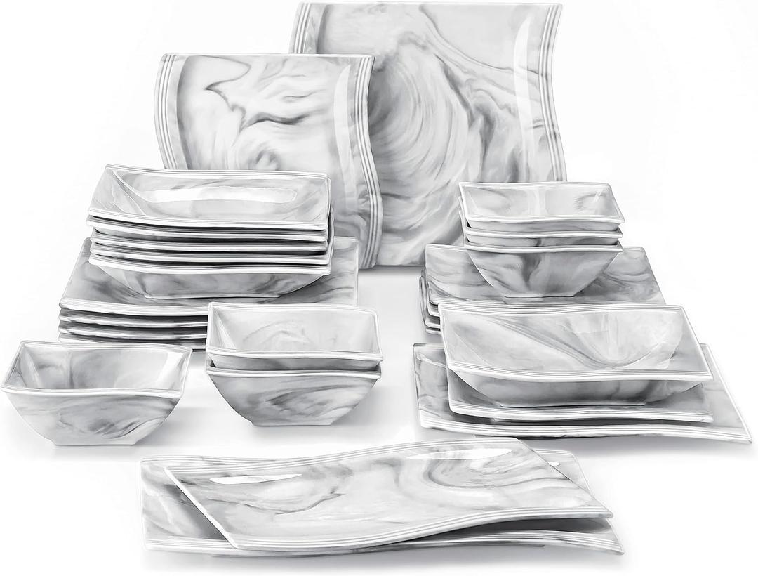 MALACASA 26-Piece Marble Grey Square Dinnerware Sets, Flora Porcelain Dinner Set for 6, Service for 6, Microwave & Dishwasher Safe, BPA, Lead & Cadmium Free