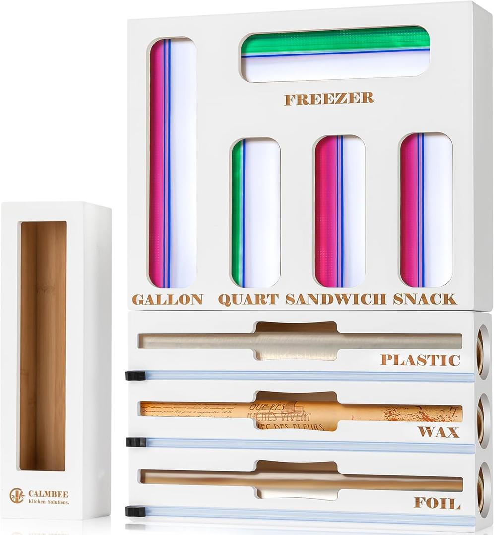 Calmbee Storage Bag Organizer - Foil & Plastic Wrap Organizer with Cutter, Kitchen Storage Compatible with Gallon, Quart, Sandwich, Snack Bags & 12" Aluminum Foil & Wax Paper, White