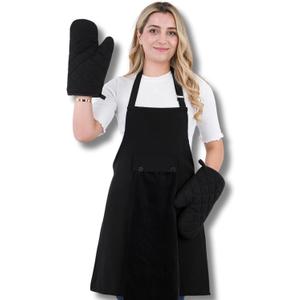 Premium Kitchen Chef Apron Star Set: Kitchen Apron & Oven Mitt/Pot Holder & Towel (Black)