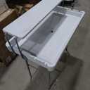 Allpop 2 Tiers Folding Ice Cooler Table with Matching Skirt, Portable Party Table with Grid Rack & Drain Hose for Patio Picnic Camping Wedding, White