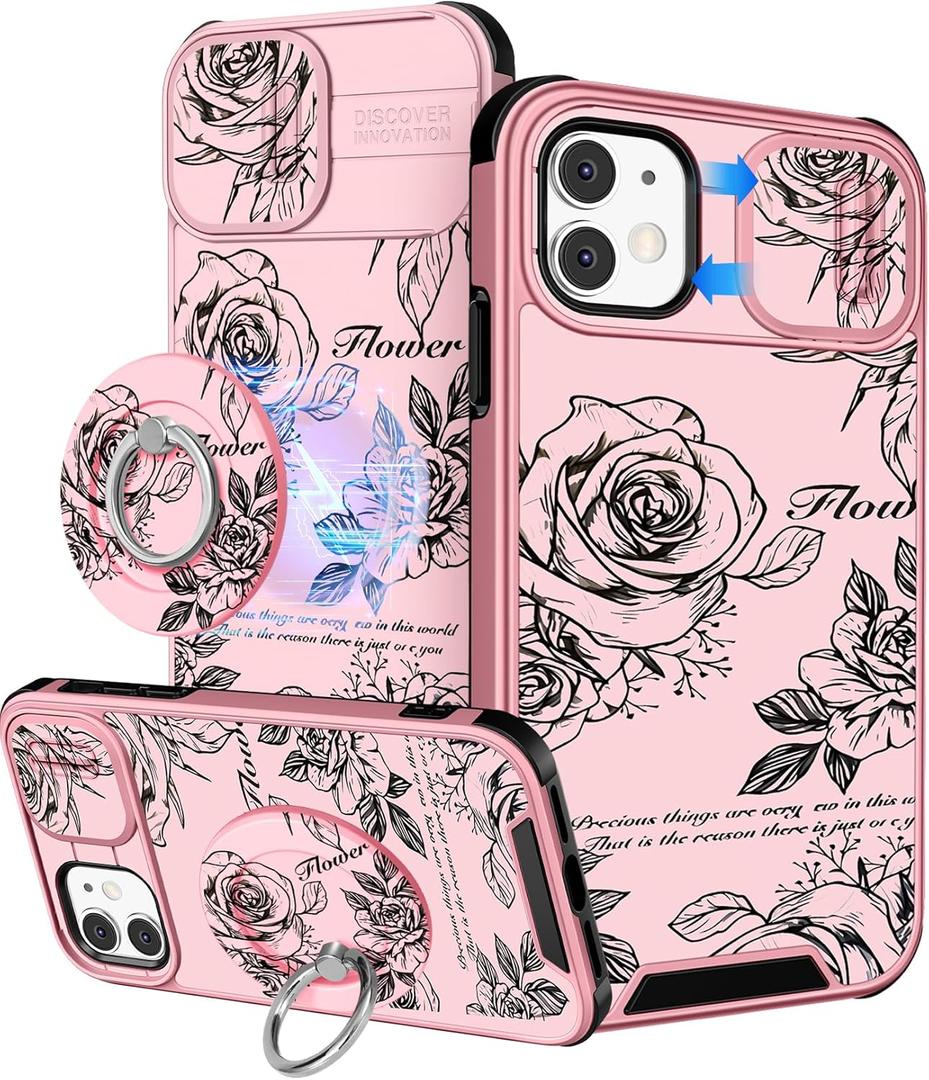 for iPhone 11 Case Women - [2in1] Cute Girls Roses Flowers Compatible with MagSafe Ring Stand Girly Slide Camera Cover Pretty Design for Apple for iPhone 11 Phone Case 6.1"
